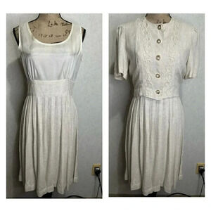 PERI PETITES Vintage 80’s Linen Blend Dress Set Size 6 Cottagecore Preppy Beige